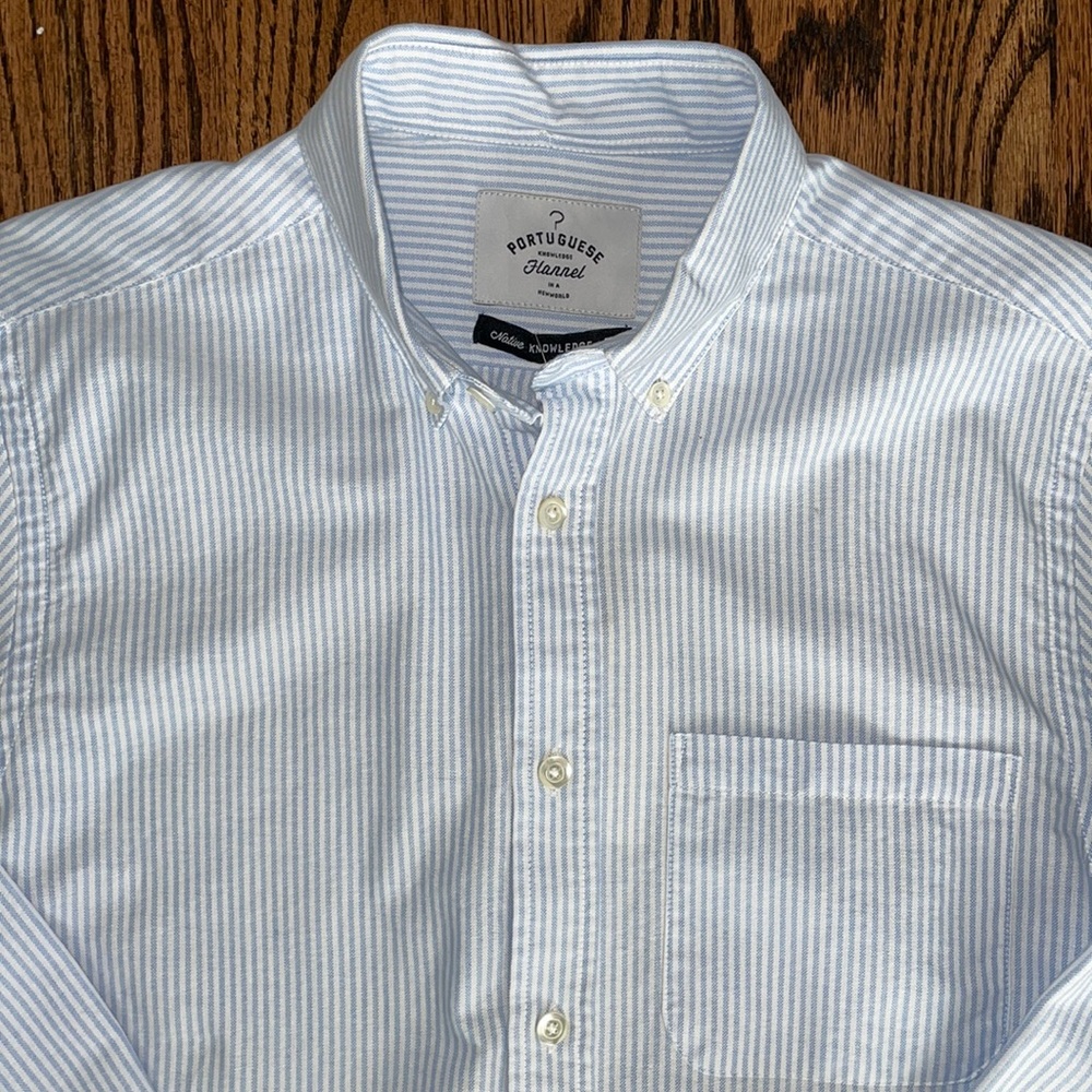 Portuguese Flannel L/S button down, blue/white striped Oxford. “Belavista”